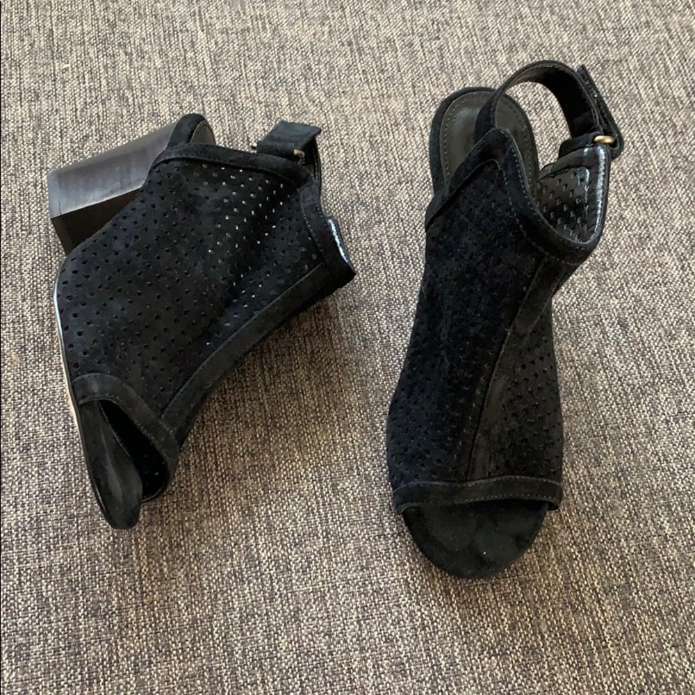 🟢 Isola Black Suede Heels Booties Ankle Strap Boots